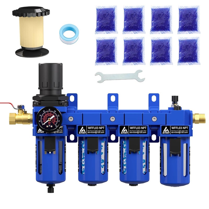 ATINY 3/8" NPT Compressed Air Filter Regulator Lubricator Combo,Air Compressor Dryer Oil Water Separator,Brass Cartridge with Double Desiccant - Gauge(0-150 psi), Poly Bowl, Semi-Auto Drain, Bracket - Image 1